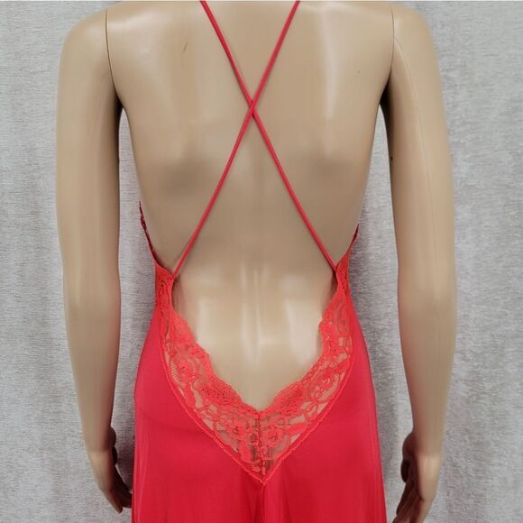 Vintage Nightgown Elegant Red Spaghetti Strap Slip Dress Open Back Lace - Picture 8 of 14